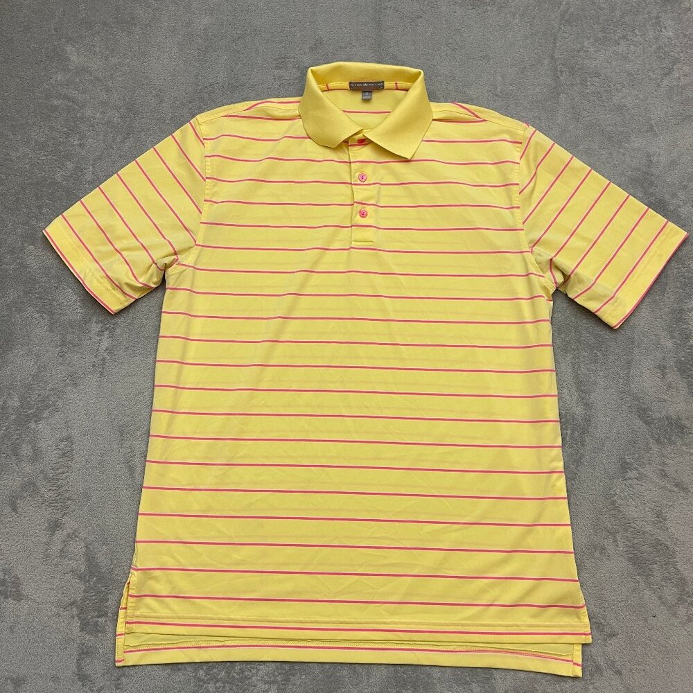 Peter Millar Summer Comfort Golf Polo Shirt Men Size Medium Yellow Pink Striped
